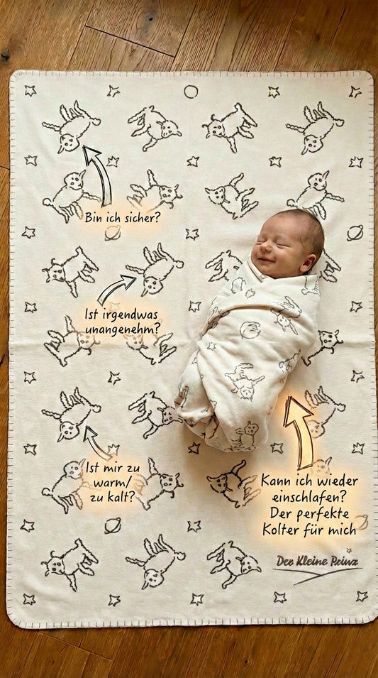 Baby eingewickelt auf Der Kleine Prinz Kolter-Decke mit Schaf-Motiv