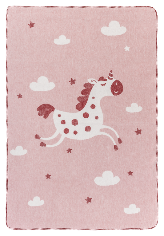 Einhorn Kuscheldecke in Rosa - Babydecke mit Einhorn, Wolken und Sternen