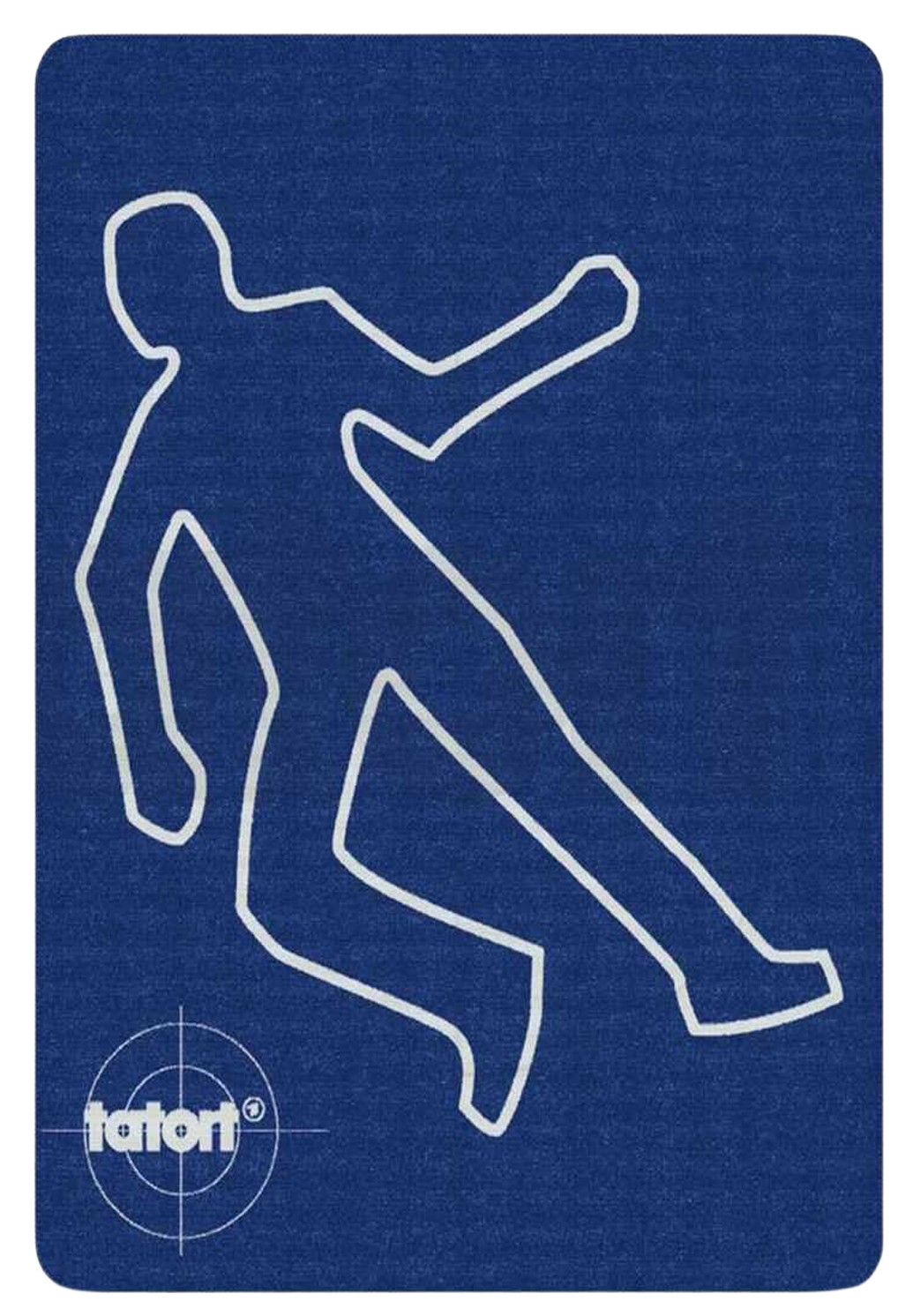 Blaue Tatort Kolter-Decke mit weißem Kreideumriss und Tatort-Logo